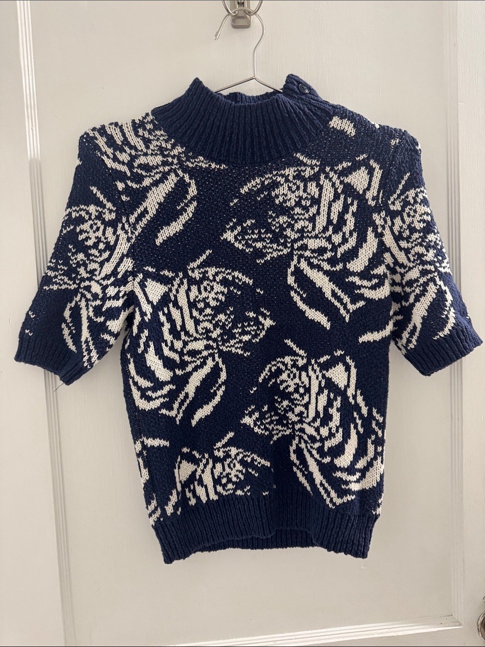 Anthropologie Navy & Cream Floral Jacquard Short-Sleeve Sweater